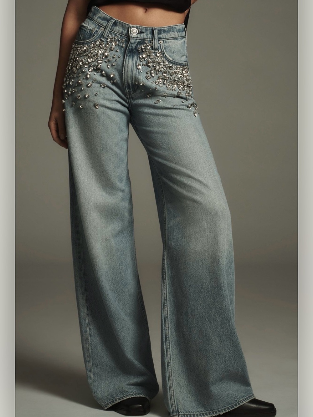 NWT! RAG & BONE Rhinestone EMBELLISHED FEATHERWEIGHT SOFIE WIDE-LEG JEAN Sz:26